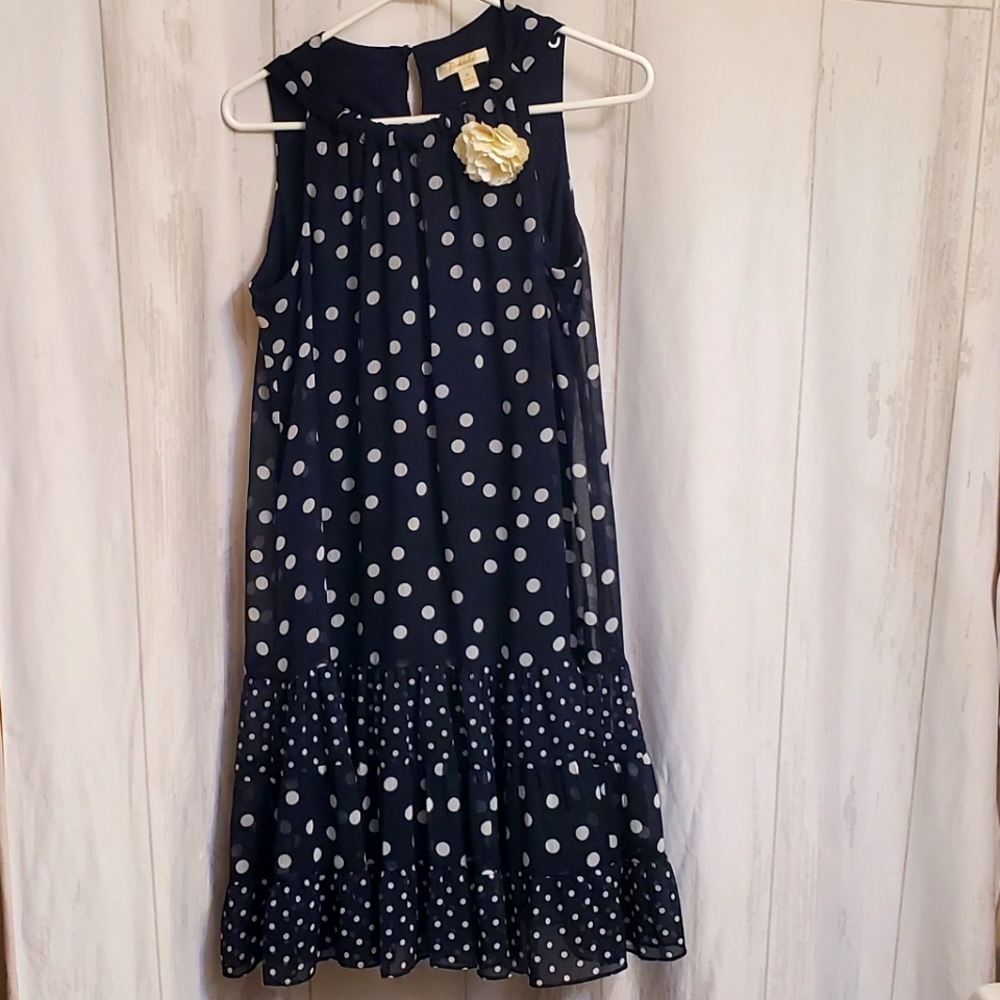 Prelude sleeveless dress.  Dark Navy polka-dots.  Size 12 EUC